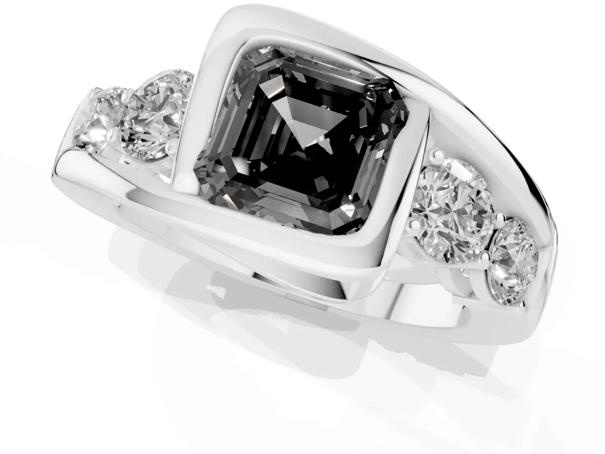 Fancy Black Bezel Set Asscher Cut Diamond Bypass Ring with Round Accents Silver