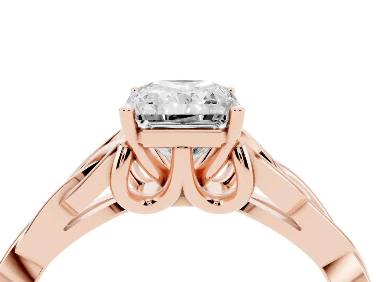 Radiant Cut Diamond Solitaire Engagement Ring with Celtic Knot Band and Four-Prong Setting Rose gold