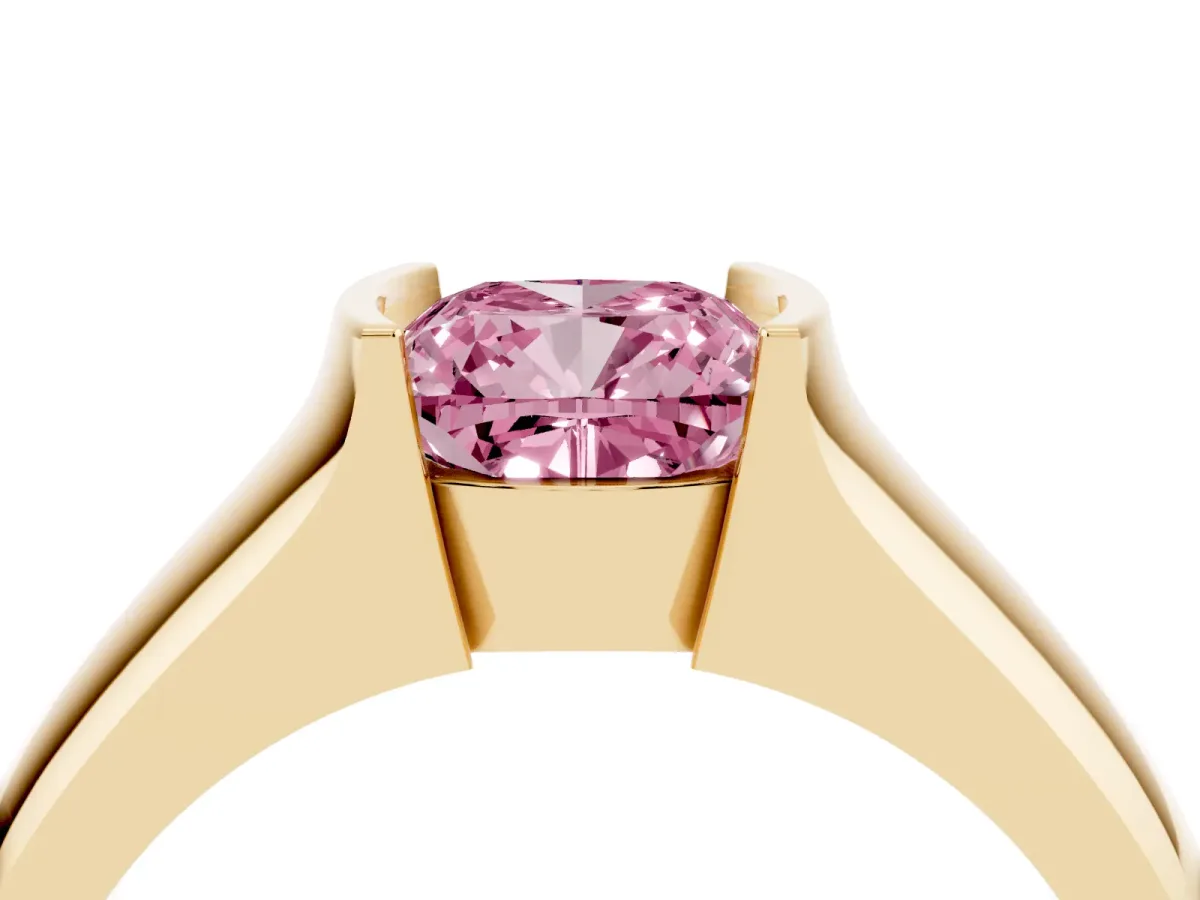 Fancy Pink Cushion Cut Solitaire Bezel Set Diamond Ring with Wide Band Yellow gold