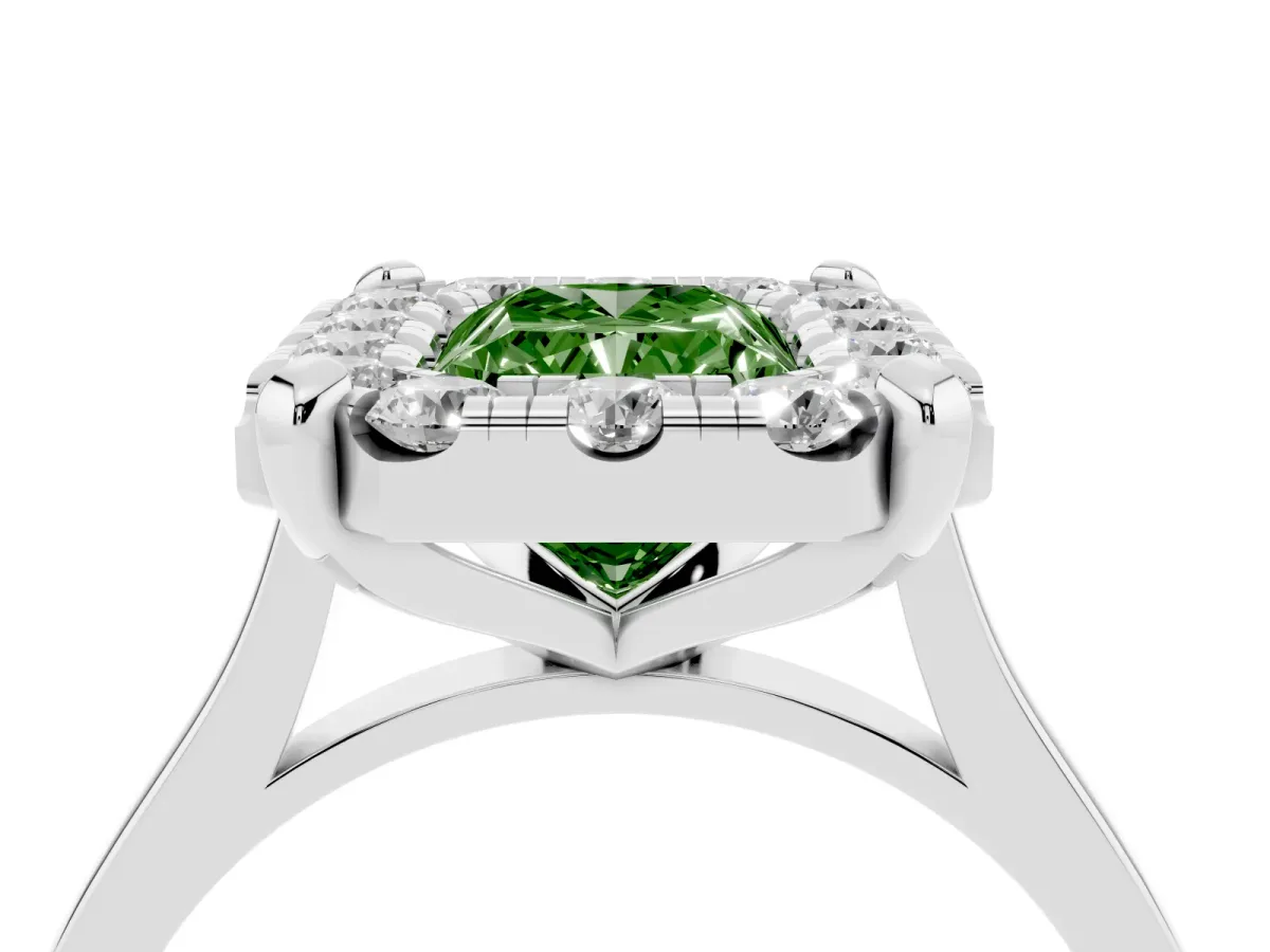 Fancy Green Radiant Cut Diamond Cluster Halo Solitaire with Four-Prong Setting Silver