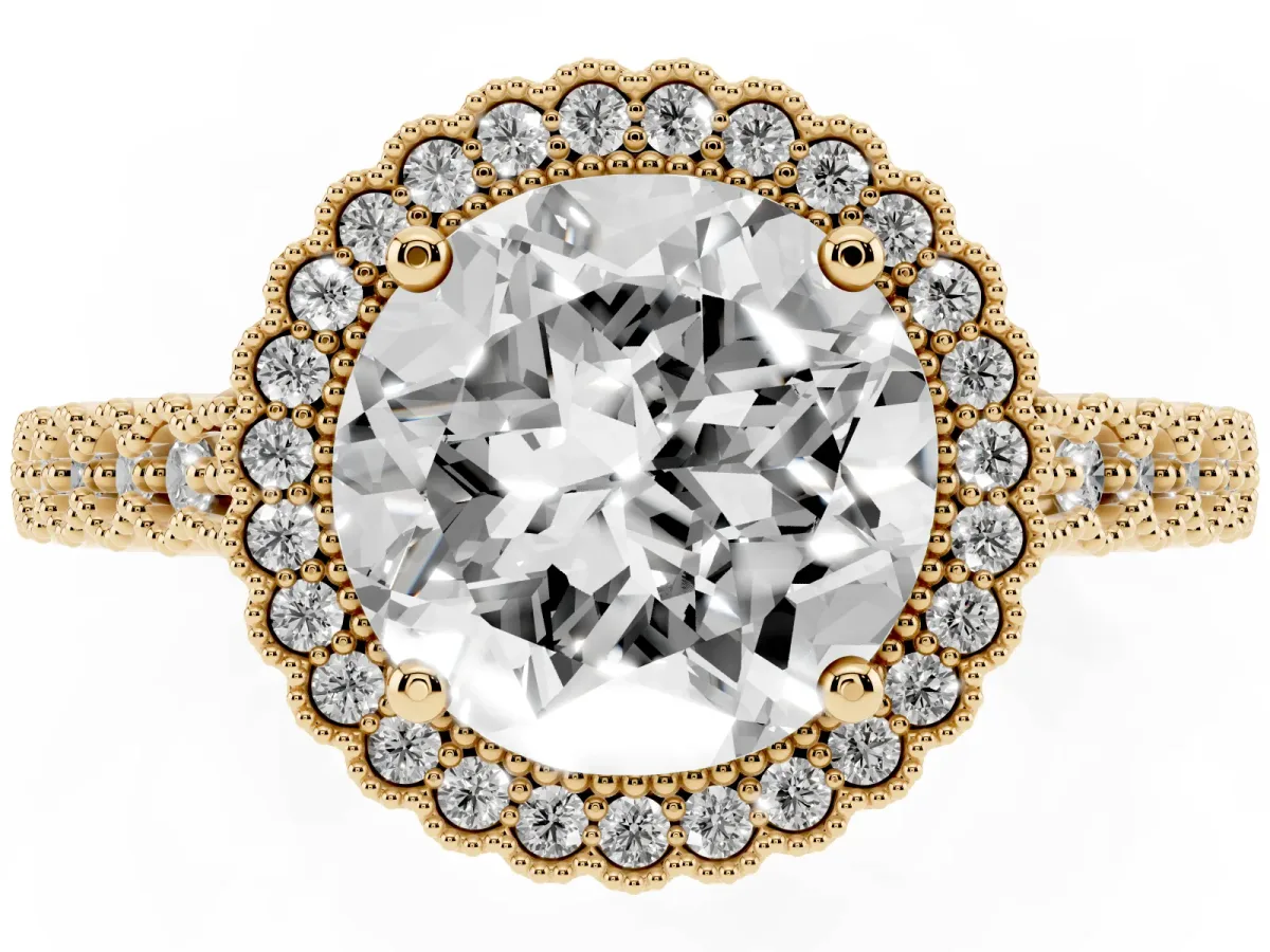 Round Cut Cut Halo Pavé Solitaire Ring with Milgrain Band Yellow gold