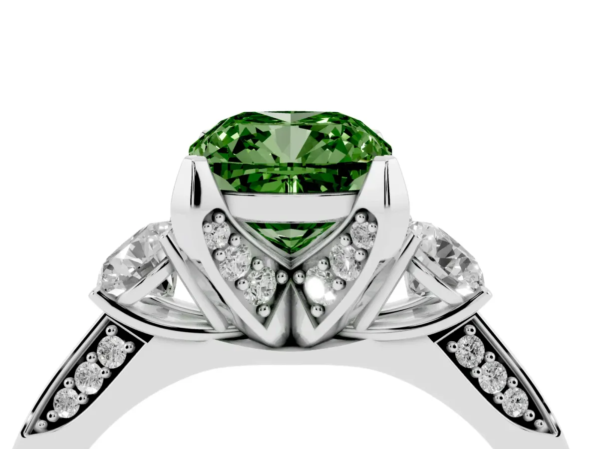 Fancy Green Cushion Cut Brilliant Three-Stone Diamond Ring with Pavé Band and Four-Prong Setting Silver