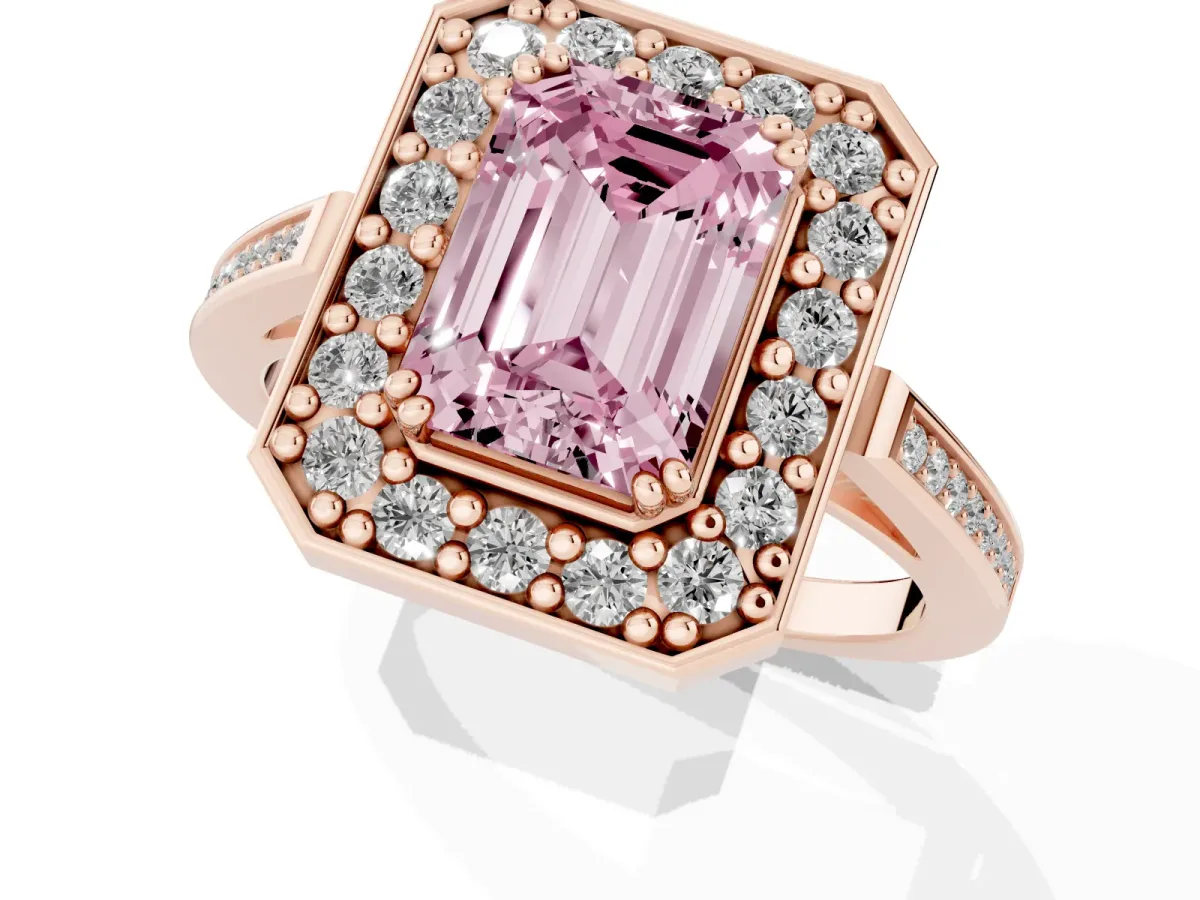 Fancy Pink Emerald Cut Diamond Halo Ring with Split Shank and Four-Prong Setting Rose gold
