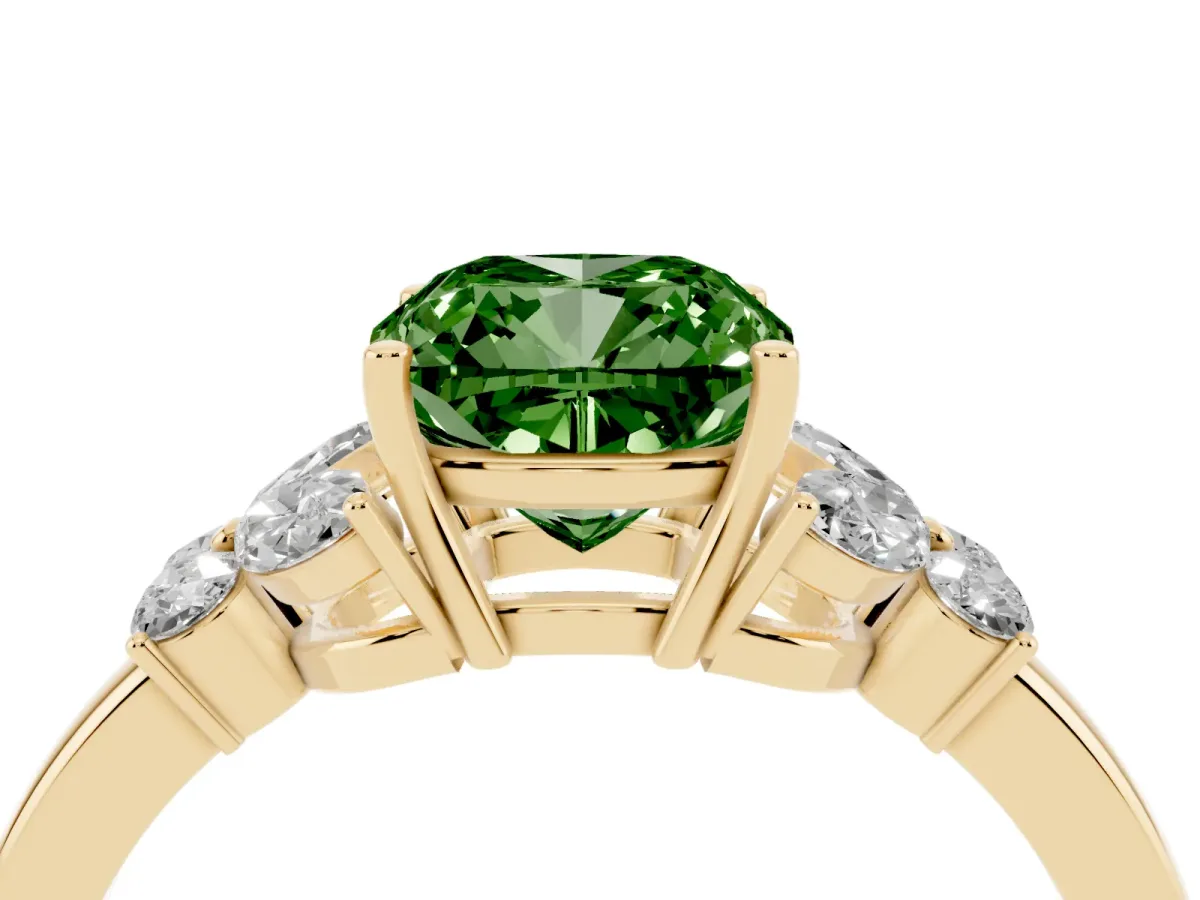 Fancy Green Cushion Cut Cut Solitaire Floral Diamond Ring with Four-Prong Setting Yellow gold
