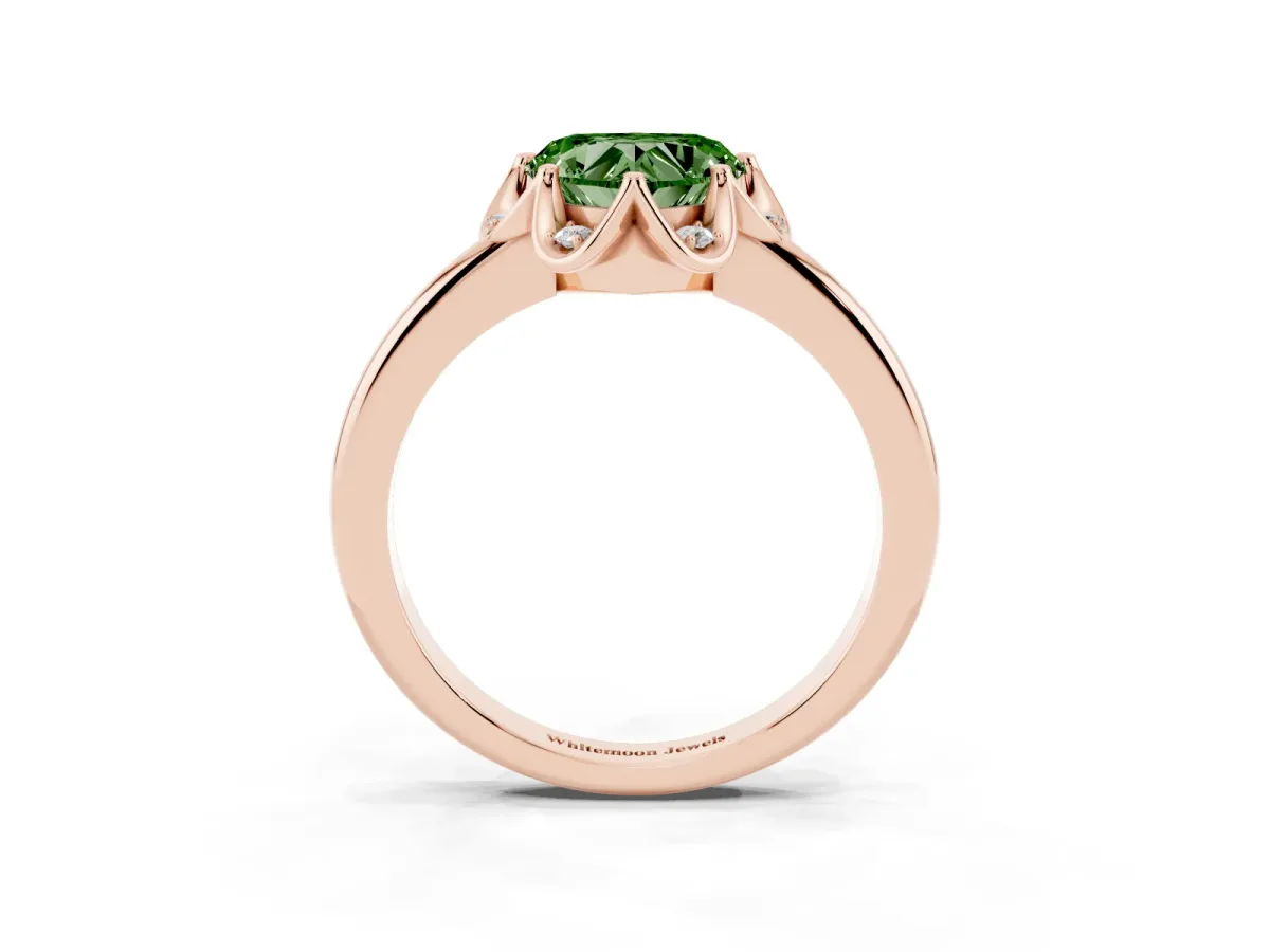 Fancy Green Heart Cut Halo Diamond Ring with Round Cluster Setting, Solitaire Band, and Four-Prong Setting Rose gold
