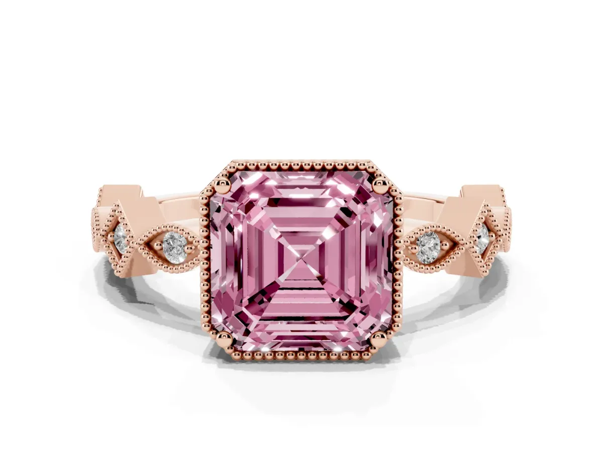 Fancy Pink Asscher Cut Milgrain Marquise Diamond Twist Band Ring Rose gold