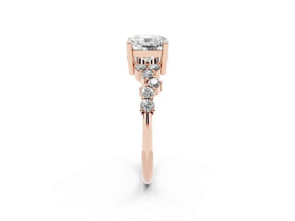 Cushion Cut Diamond Scattered Round Accent Ring with Prong Setting Rose gold