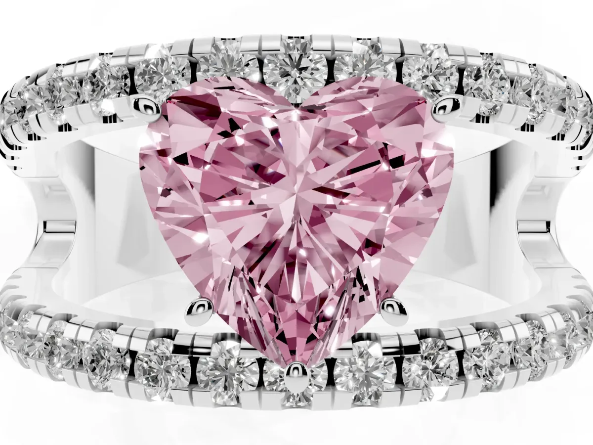 Fancy Pink Heart Cut Solitaire Split Shank Pave Diamond Ring White gold
