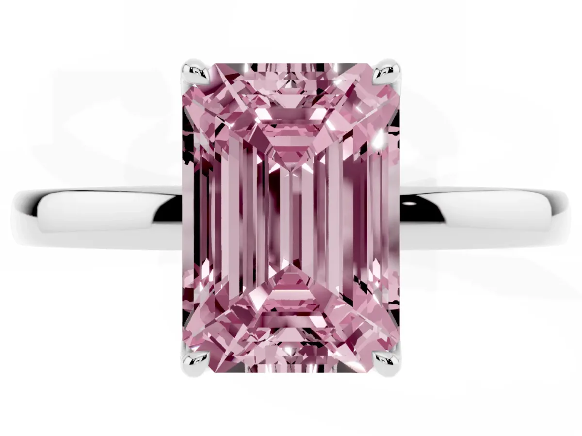 Fancy Pink Emerald Cut Diamond Solitaire Ring with Thin Band and Prong Setting Platinum