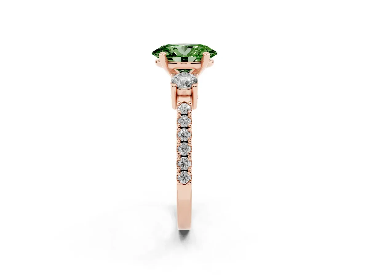 Fancy Green Oval Cut Three-Stone Diamond Pavé Band with Prong Setting Rose gold