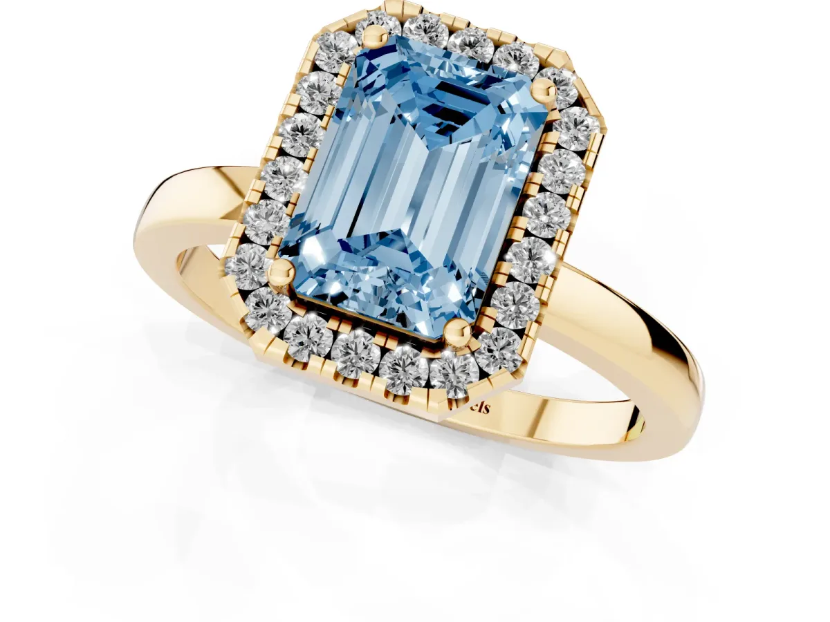 Fancy Blue Emerald Cut Halo Diamond Solitaire with Pavé Band and Four-Prong Setting Yellow gold