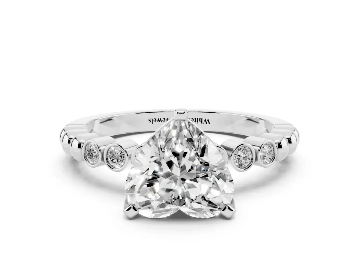 Heart Cut Solitaire Bezel Accent Diamond Engagement Ring with Beaded Band and Four-Prong Setting Silver