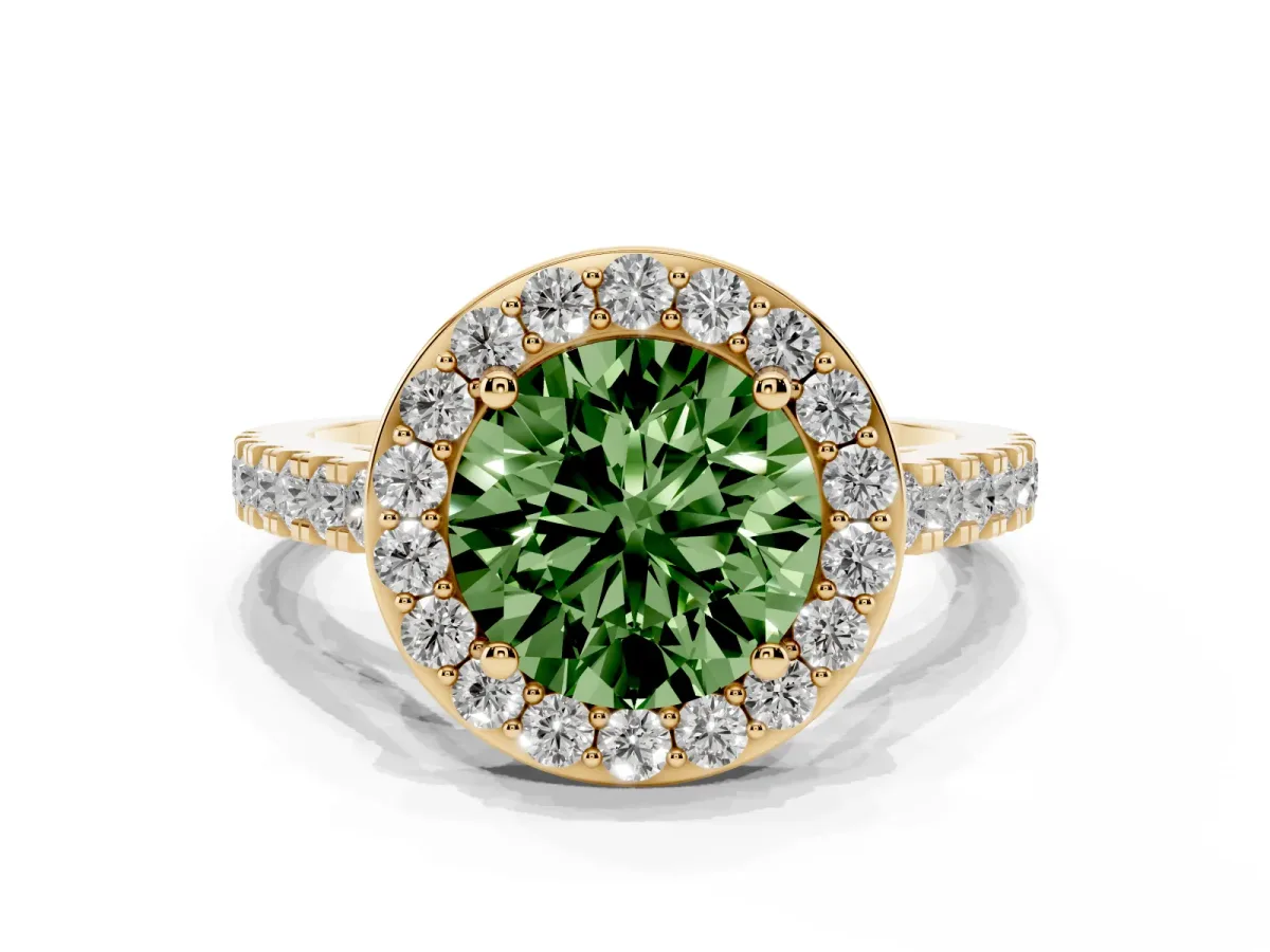 Fancy Green Round Cut Diamond Halo Ring with Round Pavé Split Shank and Prong Setting Yellow gold