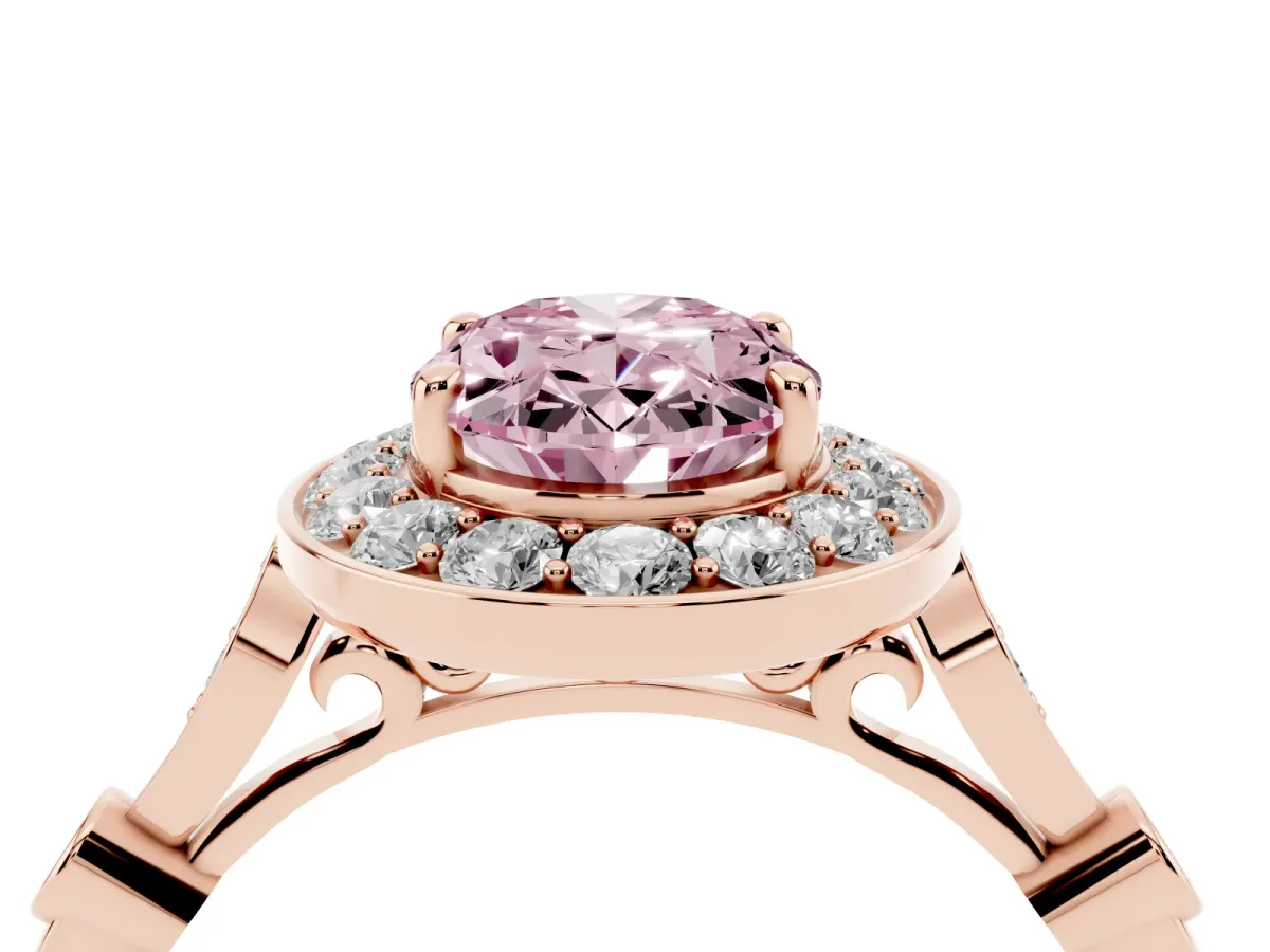 Fancy Pink Oval Cut Halo Diamond Engagement Ring with Twisted Band and Four-Prong Setting Rose gold