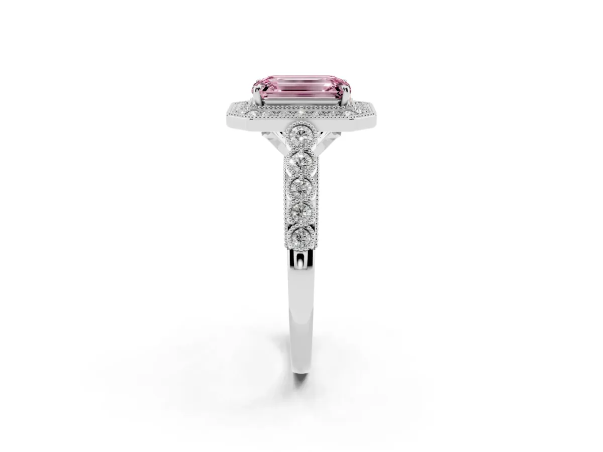 Fancy Pink Emerald Cut Halo Milgrain Solitaire with Bezel Set Side Stones and Pave Band White gold