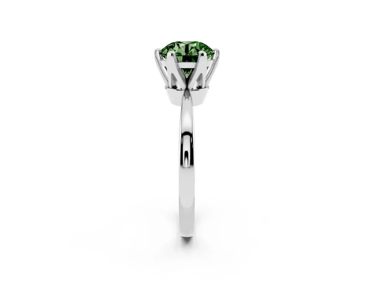 Fancy Green Round Cut Solitaire Engagement Ring with Six-Prong Setting and Tapered Band Platinum