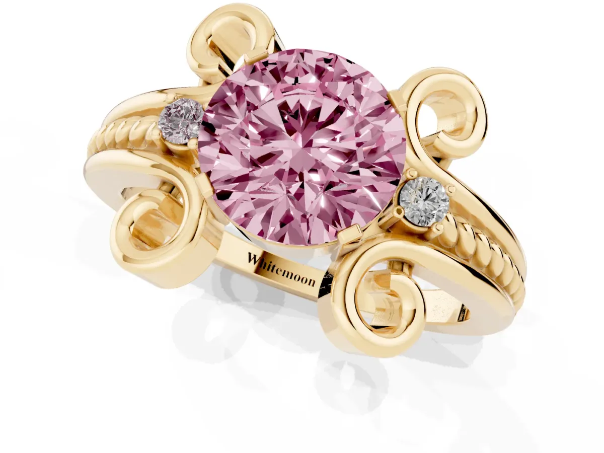 Fancy Pink Round Cut Solitaire Twisted Band Scroll Prong Ring Yellow gold