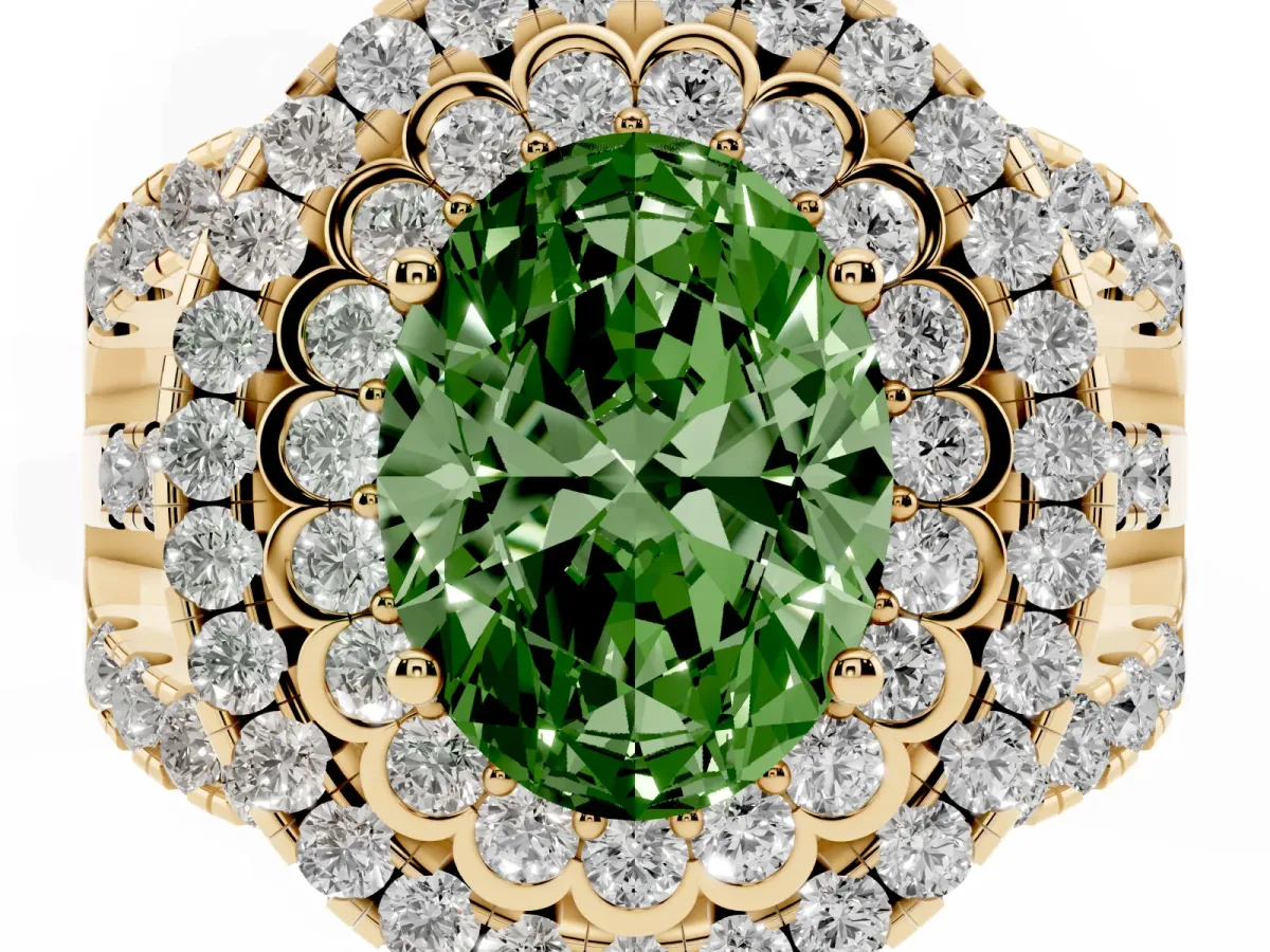 Fancy Green Oval Cut Diamond Double Halo Ring with Round Pavé Split Shank and Prong Setting Yellow gold