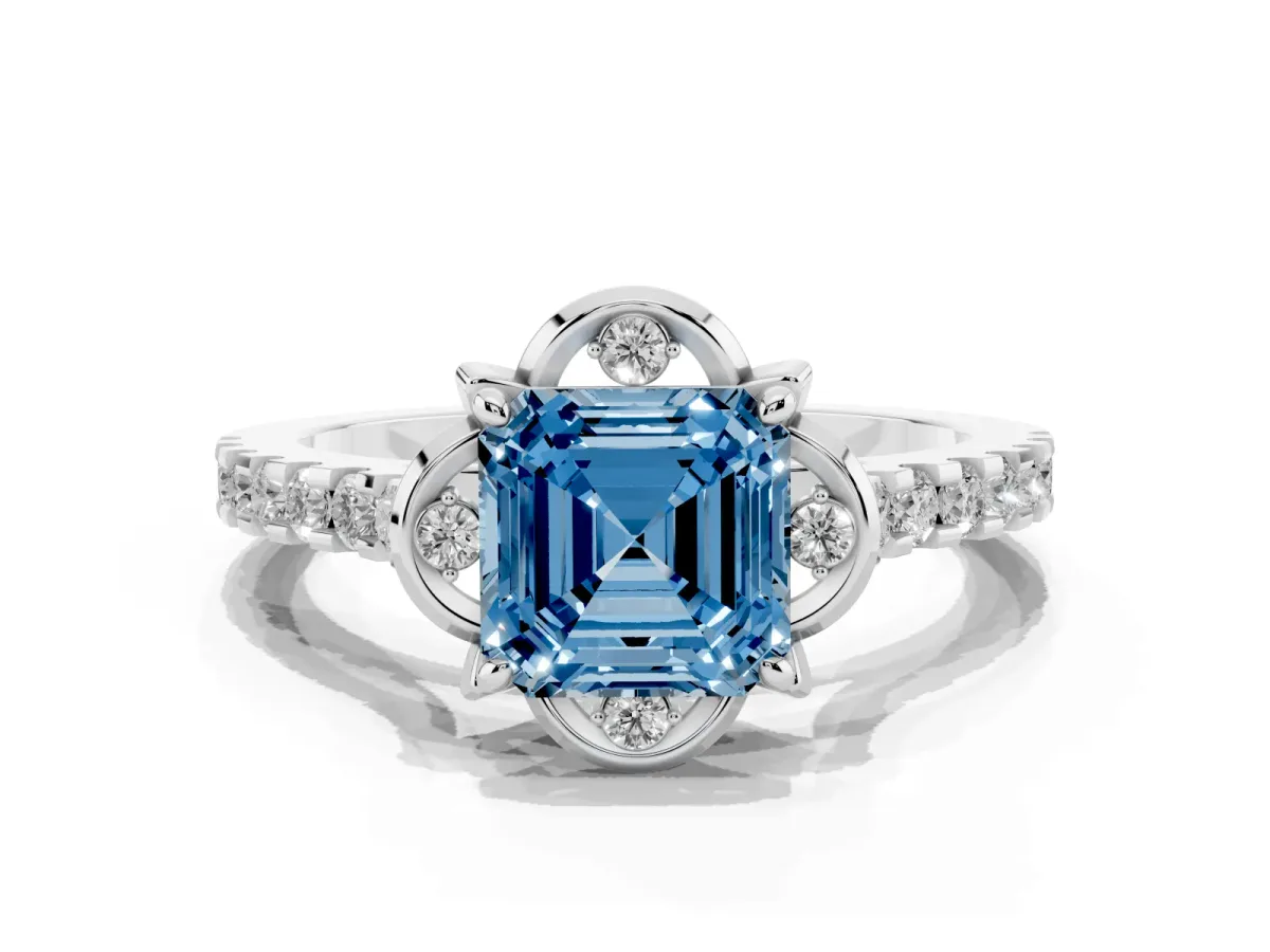 Fancy Blue Asscher Cut Diamond Ring with Pavé Band and Floral Prong Setting Silver