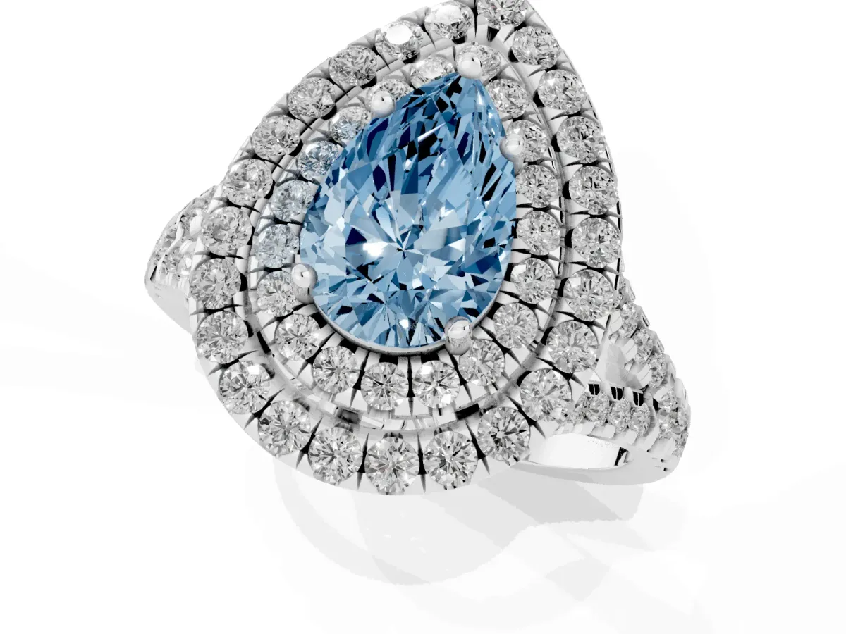 Fancy Blue Double Halo Pear Cut Diamond Pavé Split Shank Ring with Prong Setting White gold