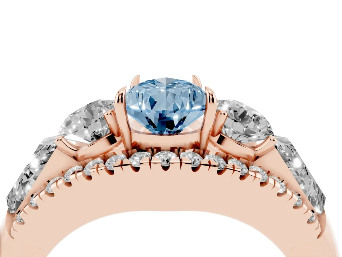 Fancy Blue Three-Stone Pear Cut Diamond Engagement Ring with Pave Band and Prong Setting Rose gold