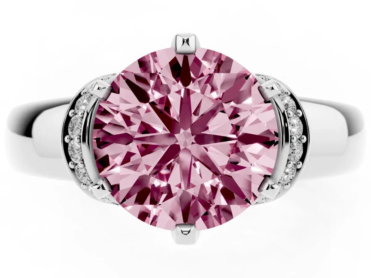 Fancy Pink Round Cut Solitaire Diamond Ring with Pave Band and Six-Prong Setting Silver