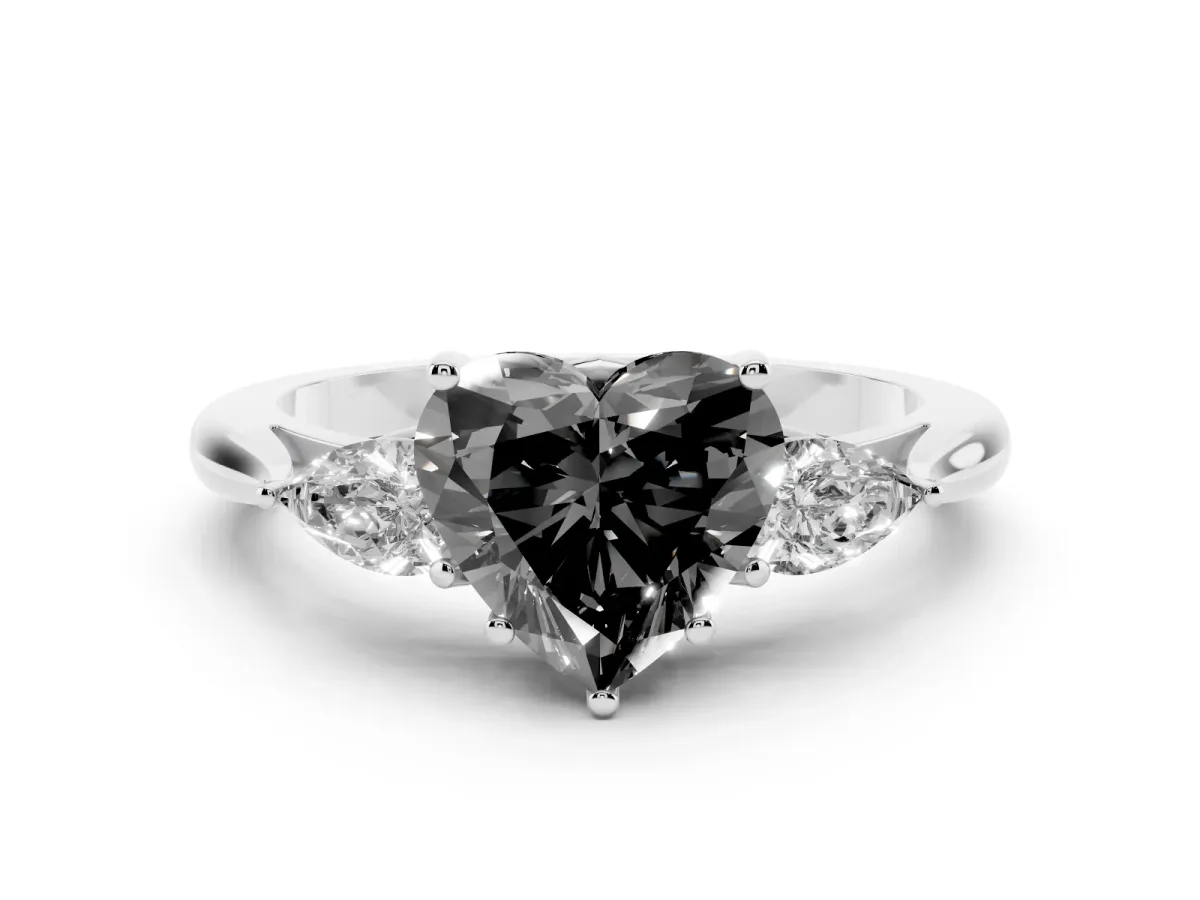 Fancy Black Three-Stone Heart Cut Brilliant Diamond Solitaire Ring with Tapered Band and Four-Prong Setting Silver