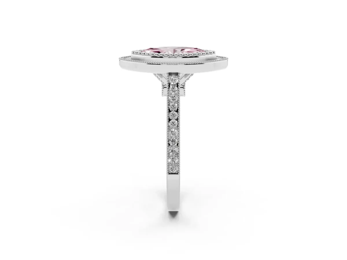 Fancy Pink Marquise Cut Diamond Halo Ring with Milgrain Frame and Pavé Band Platinum