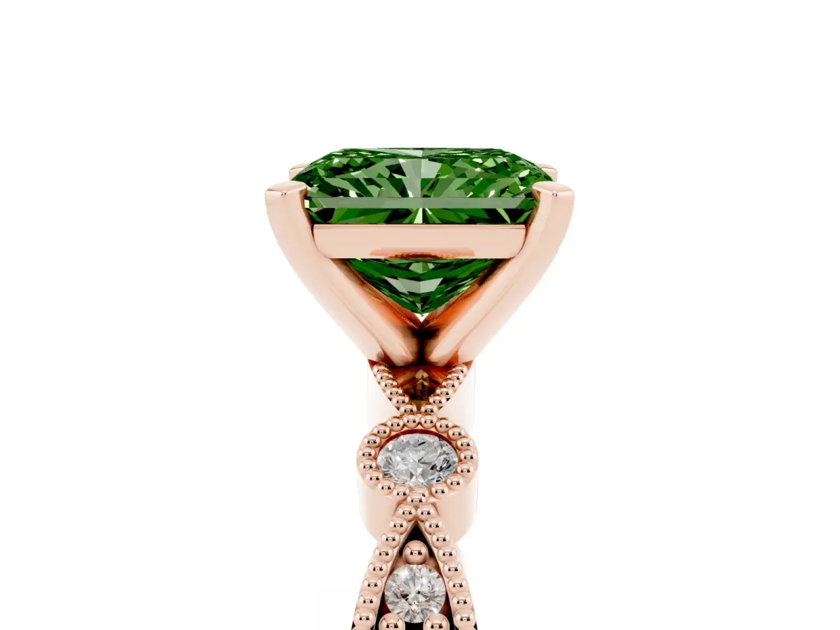 Fancy Green Radiant Cut Milgrain Bezel Diamond Engagement Ring with Solitaire Prong Setting Rose gold