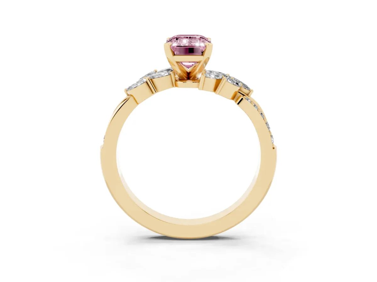 Fancy Pink Emerald Cut Solitaire Marquise Twist Band with Six-Prong Setting Yellow gold