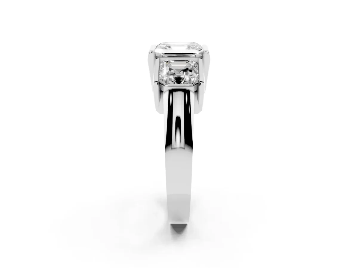 Three Stone Asscher Cut Cut Channel Set Diamond Ring Silver