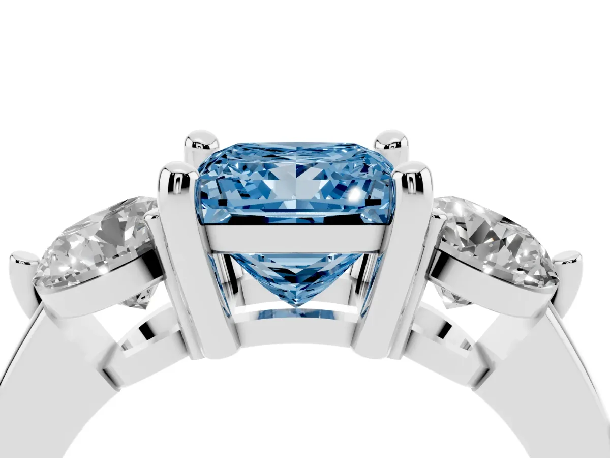 Fancy Blue Three-Stone Princess Cut Brilliant Cut Solitaire Ring with Prong Setting on a Classic Band Silver