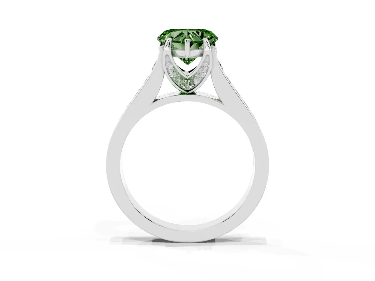 Fancy Green Heart Cut Brilliant Cut Diamond Engagement Ring with Pavé Band and Four-Prong Setting Platinum