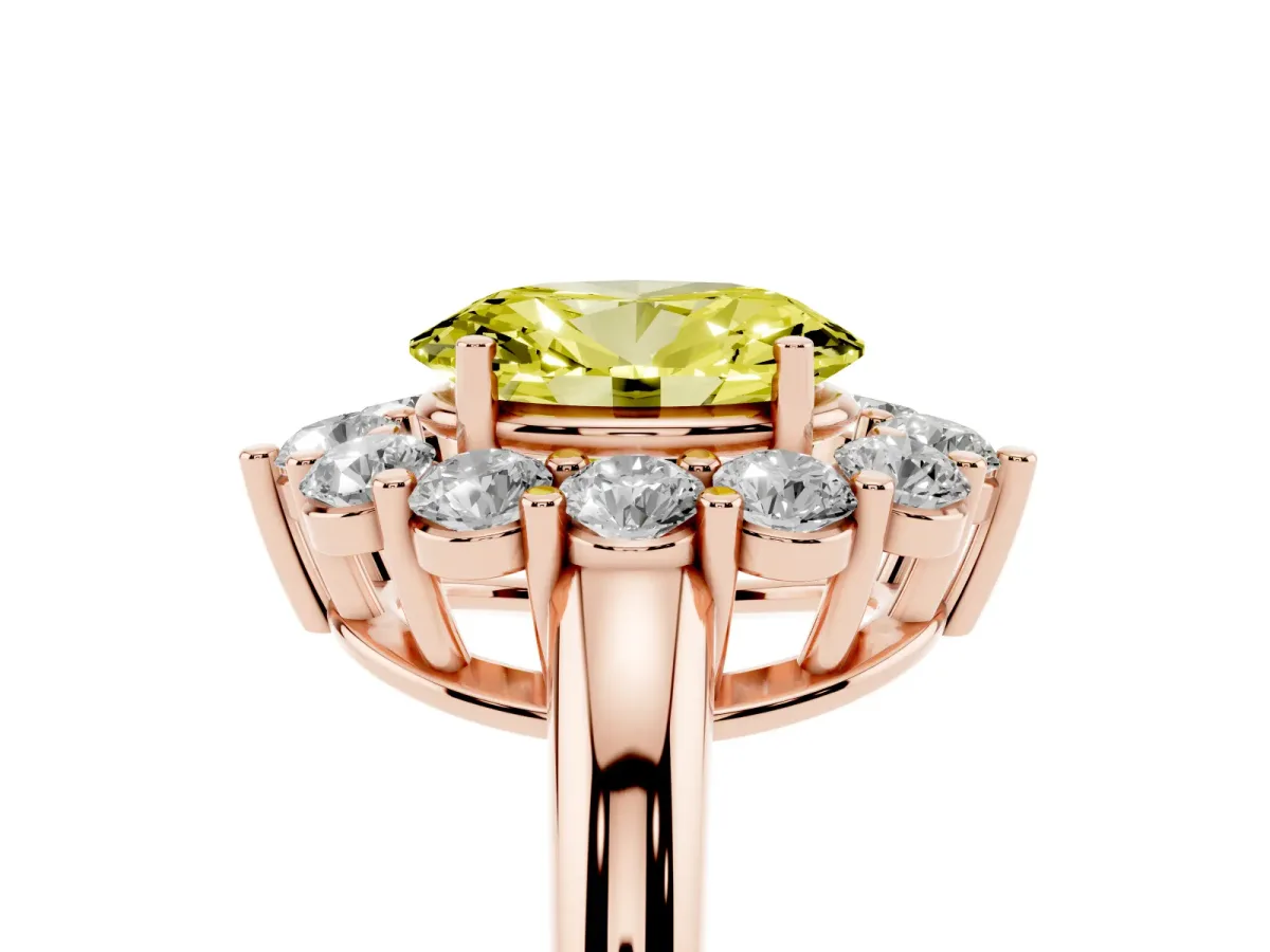 Fancy Yellow Oval Cut Halo Cluster Diamond Engagement Ring with Prong Setting and Polished Band Rose gold