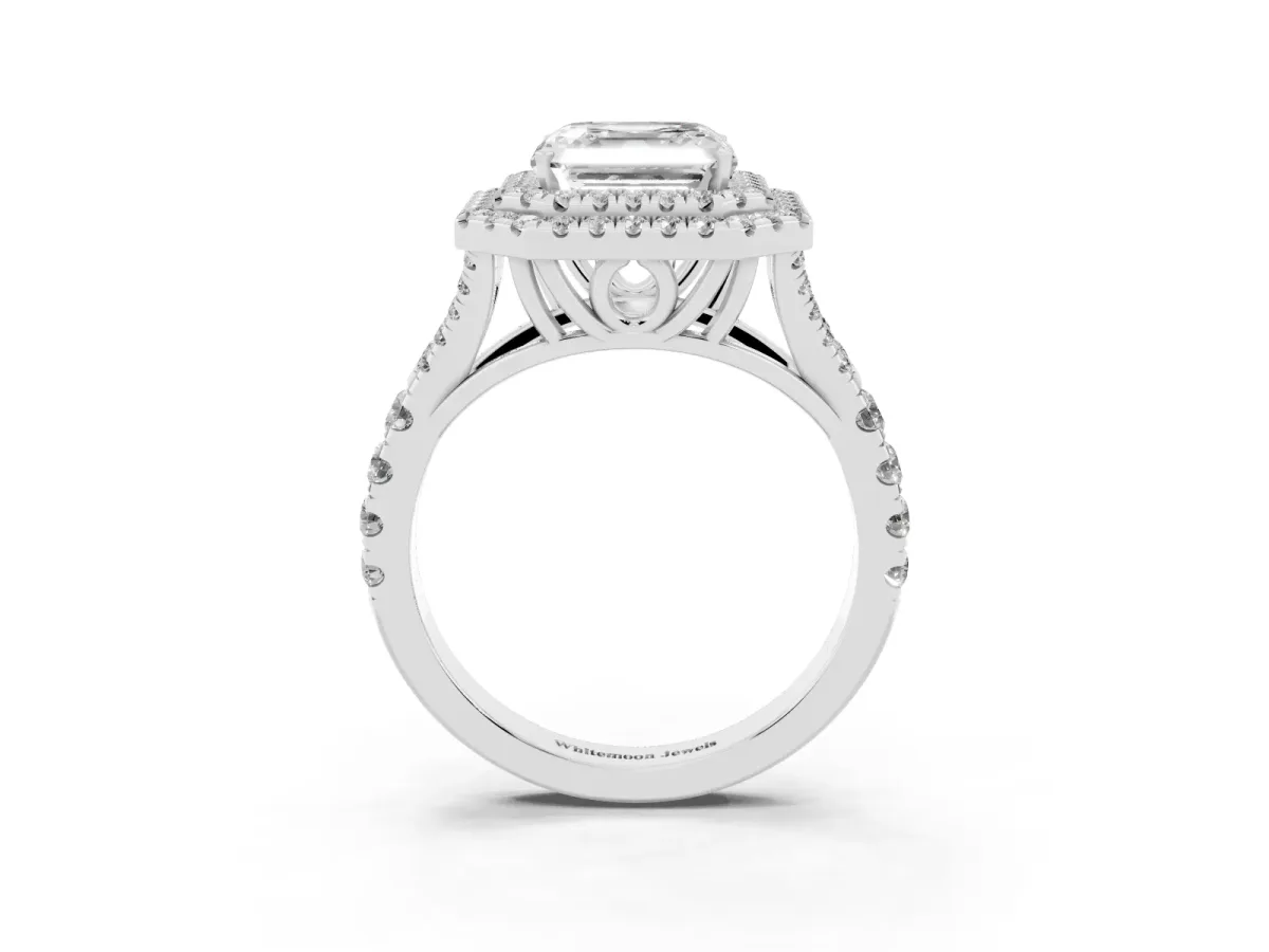 Asscher Cut Diamond Pavé Split Shank Double Halo Engagement Ring Silver
