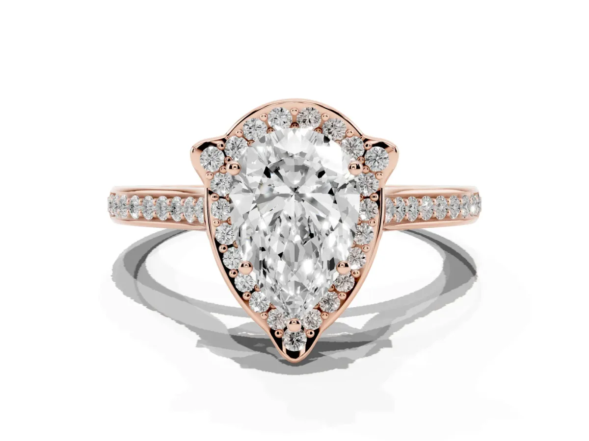 Pear Cut Halo Round Diamond Pave Band with Four-Prong Setting Rose gold