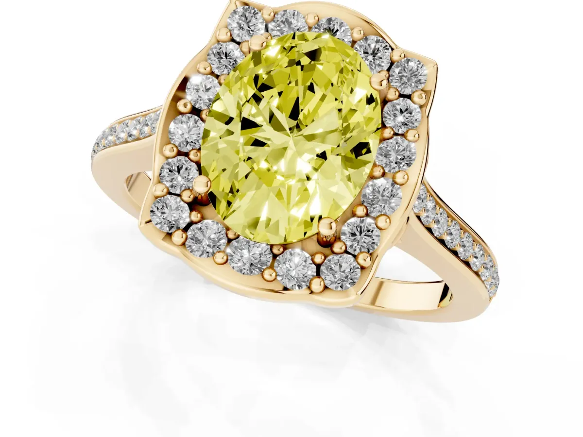 Fancy Yellow Oval Cut Halo Round Diamond Pave Band with Four-Prong Setting Yellow gold