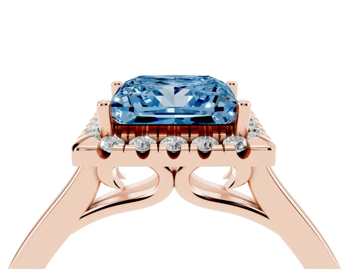 Fancy Blue Princess Cut Halo Round Diamond Solitaire Ring with Pavé Band and Four-Prong Setting Rose gold