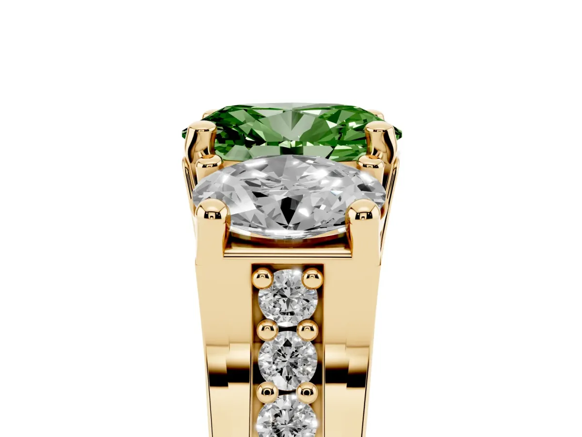 Fancy Green Oval Cut Diamond Three-Stone Ring with Channel Set Band and Four-Prong Setting Yellow gold