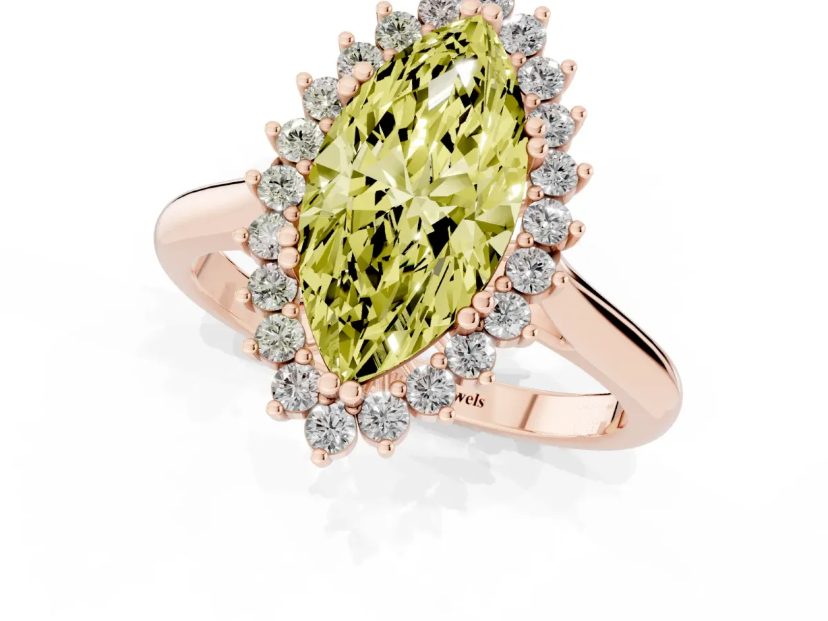 Fancy Yellow Marquise Cut Cut Diamond Halo Ring with Solitaire Band and Prong Setting Rose gold