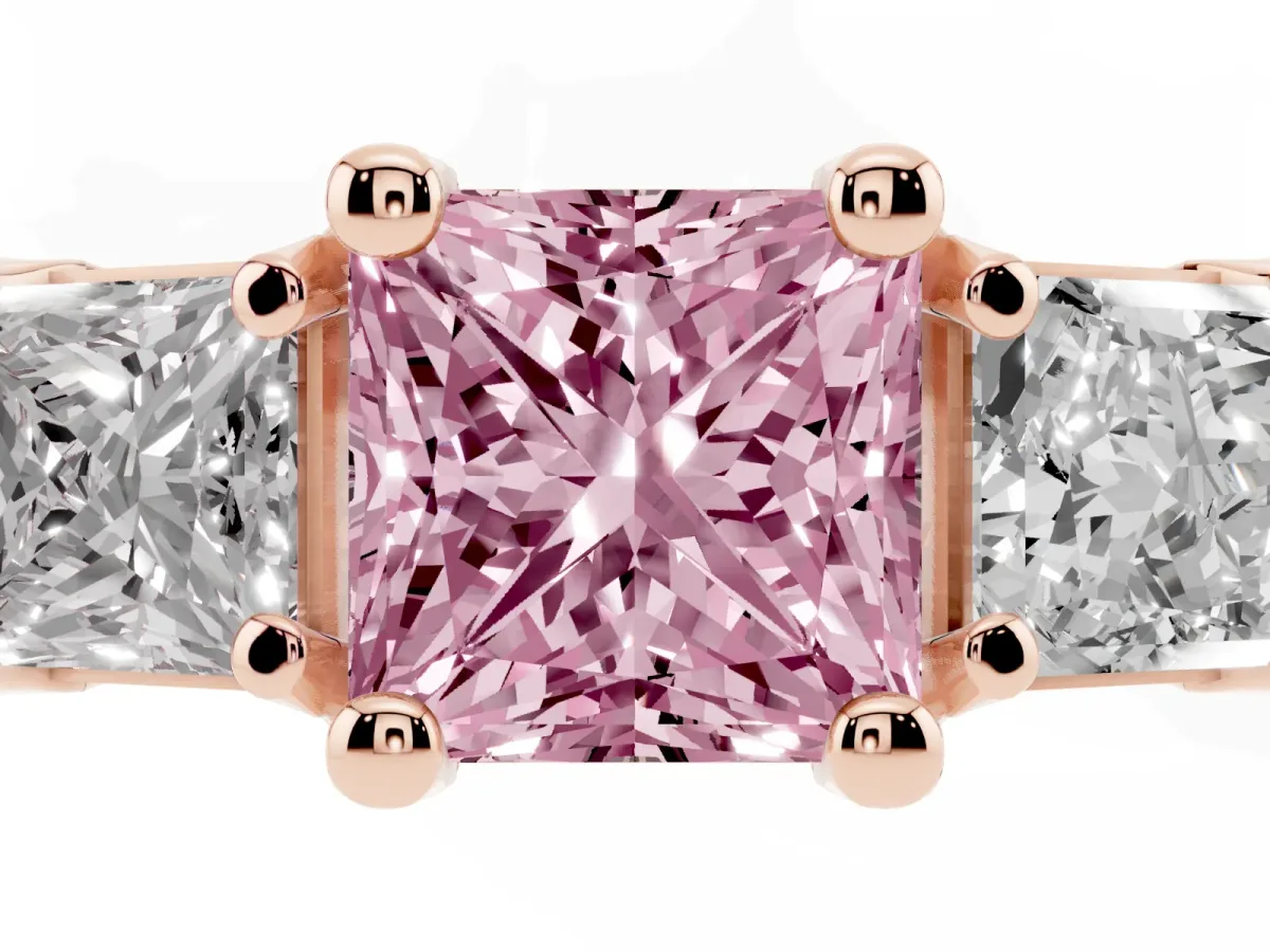 Fancy Pink Princess Cut Diamond Three-Stone Ring with Channel Set Band and Four-Prong Setting Rose gold