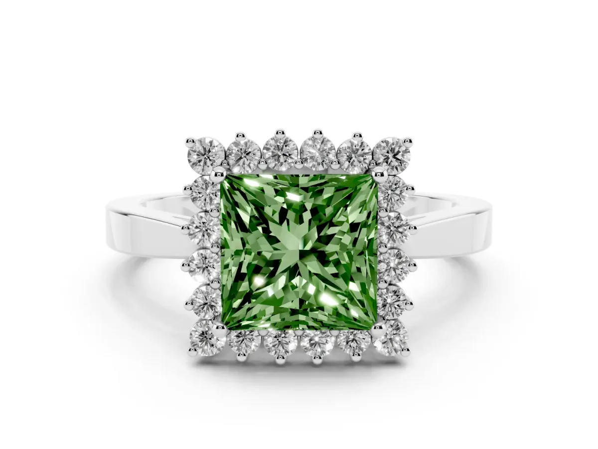 Fancy Green Princess Cut Cut Diamond Halo Ring with Round Brilliant Halo and Solitaire Band Silver
