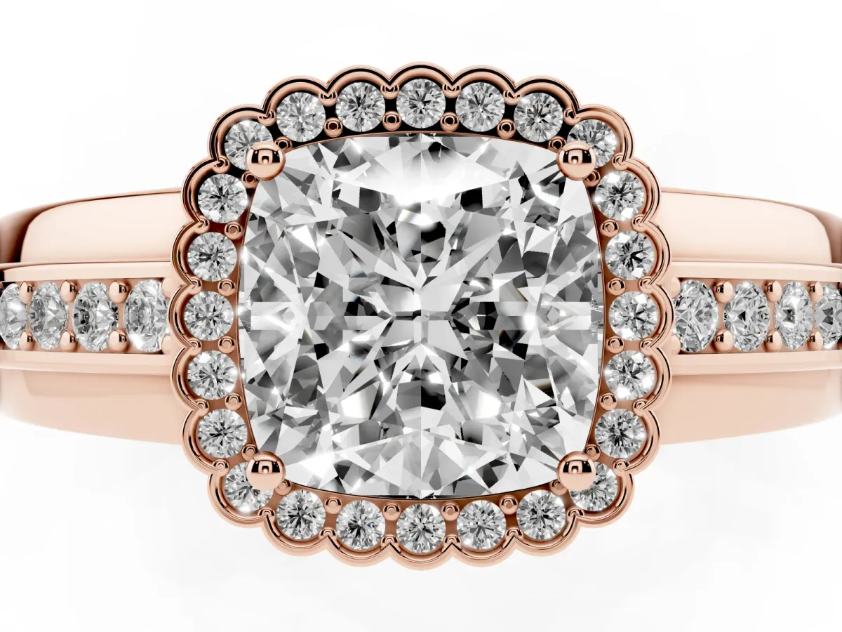 Cushion Cut Cut Halo Pave Band Four-Prong Ring Rose gold