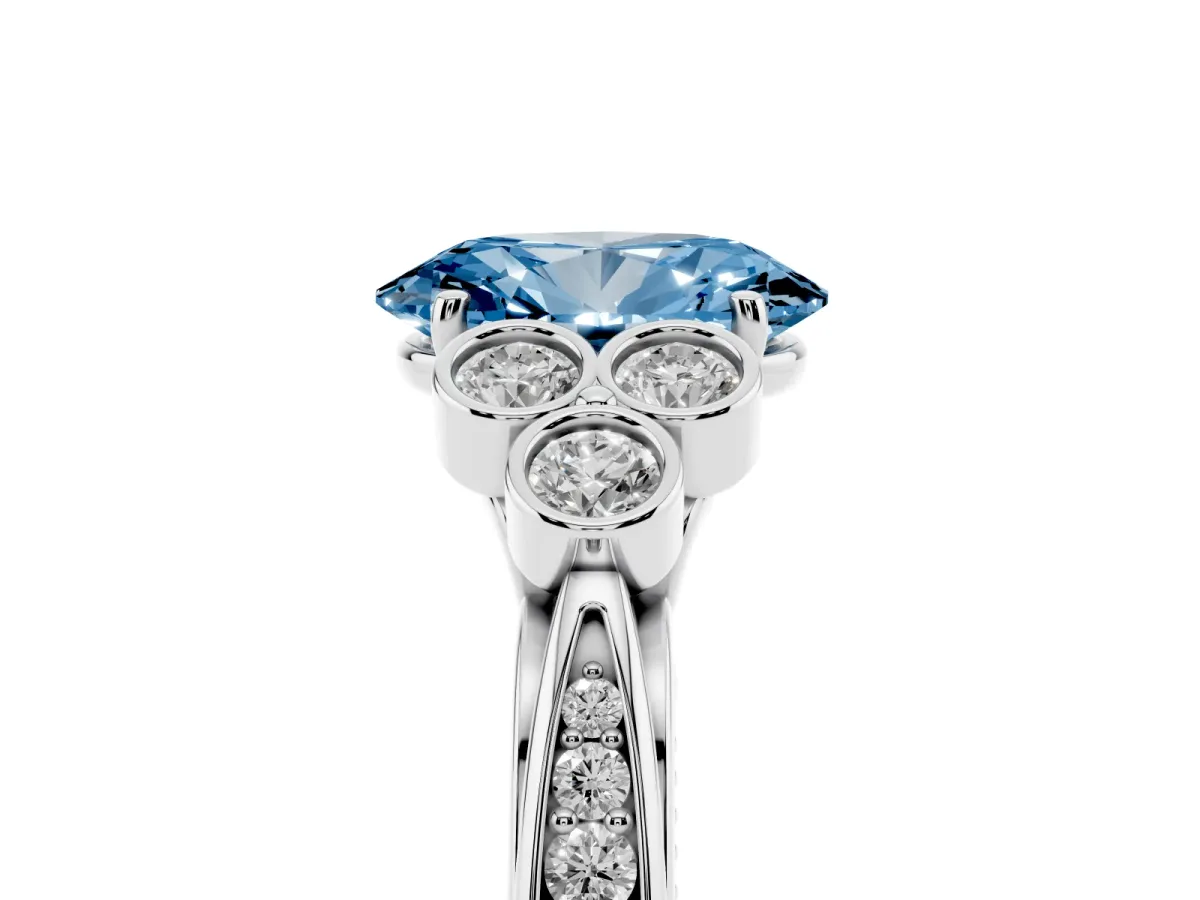 Fancy Blue Oval Cut Cut Diamond Engagement Ring with Bezel Set Round Side Stones and Prong Setting Silver
