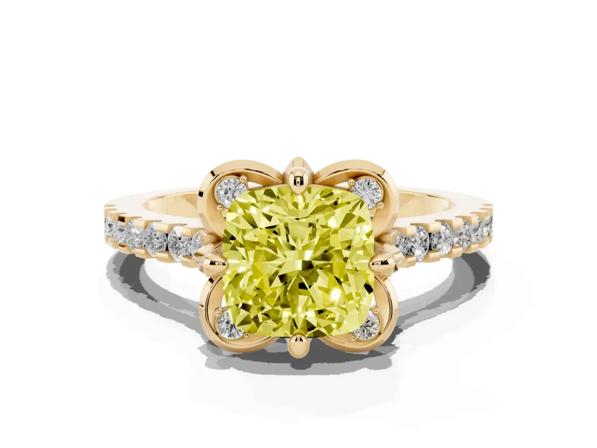 Fancy Yellow Cushion Cut Diamond Ring with Pavé Band and Floral Prong Setting Yellow gold