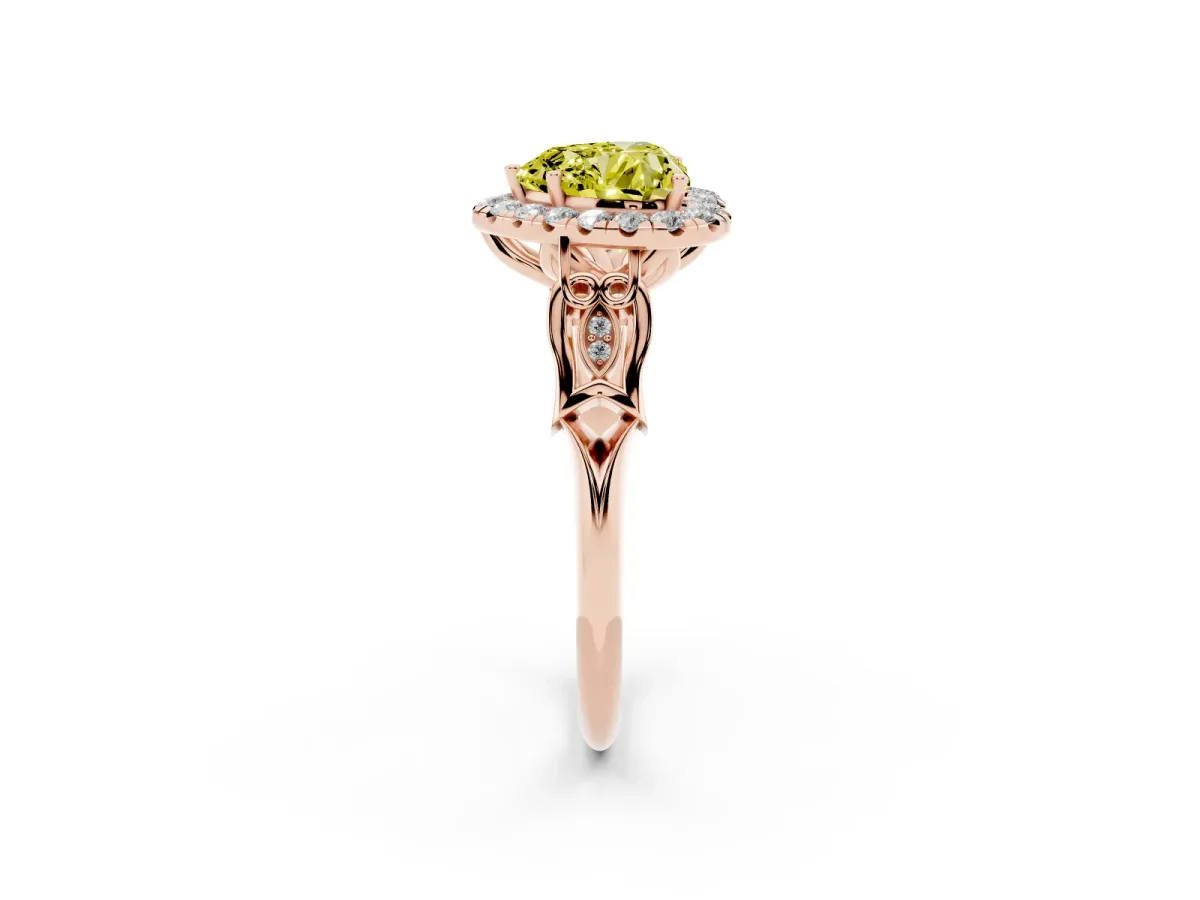 Fancy Yellow Heart Cut Halo Diamond Engagement Ring with Filigree Band and Four-Prong Setting Rose gold
