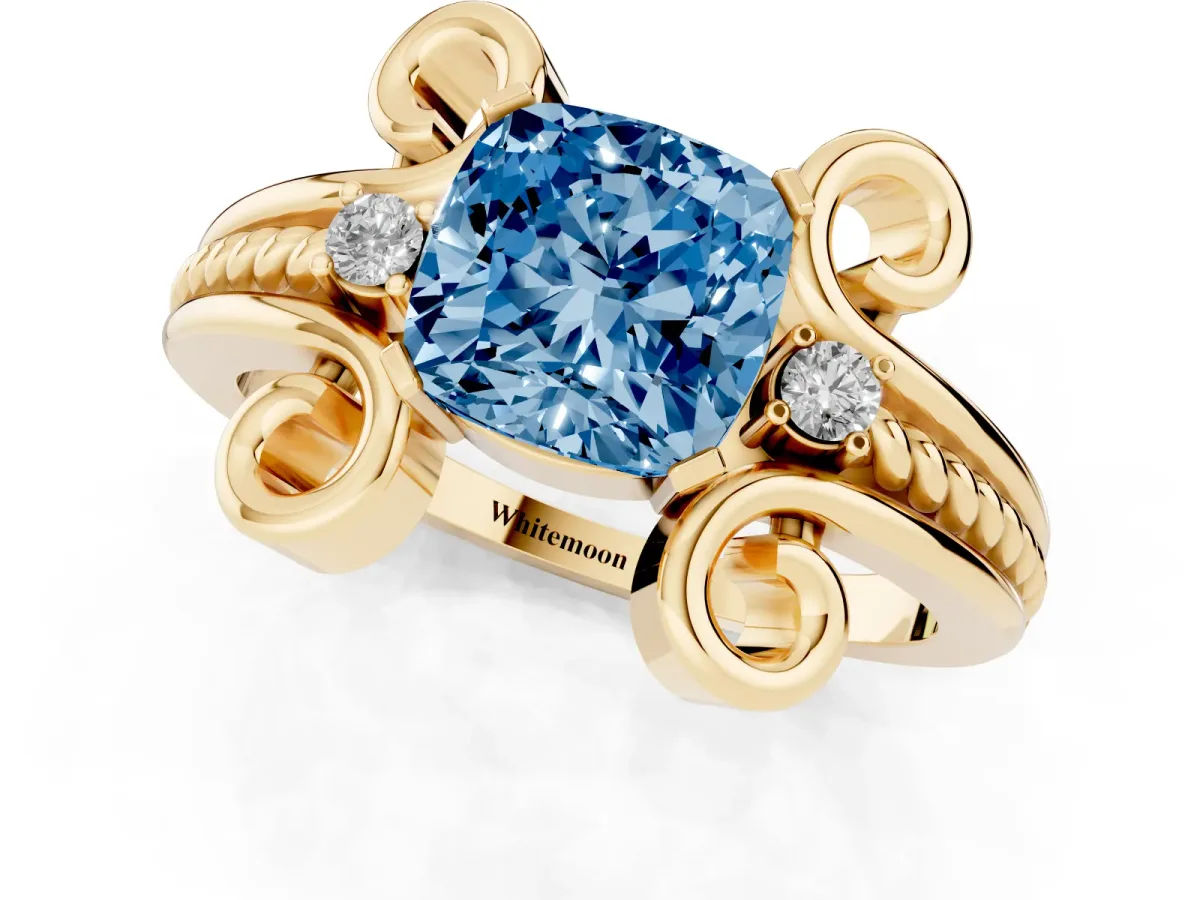 Fancy Blue Cushion Cut Solitaire Twisted Band Scroll Prong Ring Yellow gold