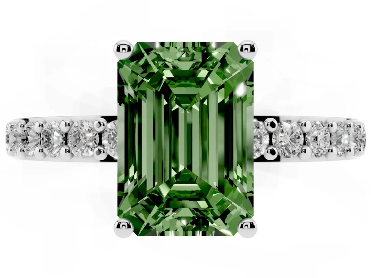 Fancy Green Emerald Cut Cut Diamond Solitaire with Pave Band and Four-Prong Setting Silver