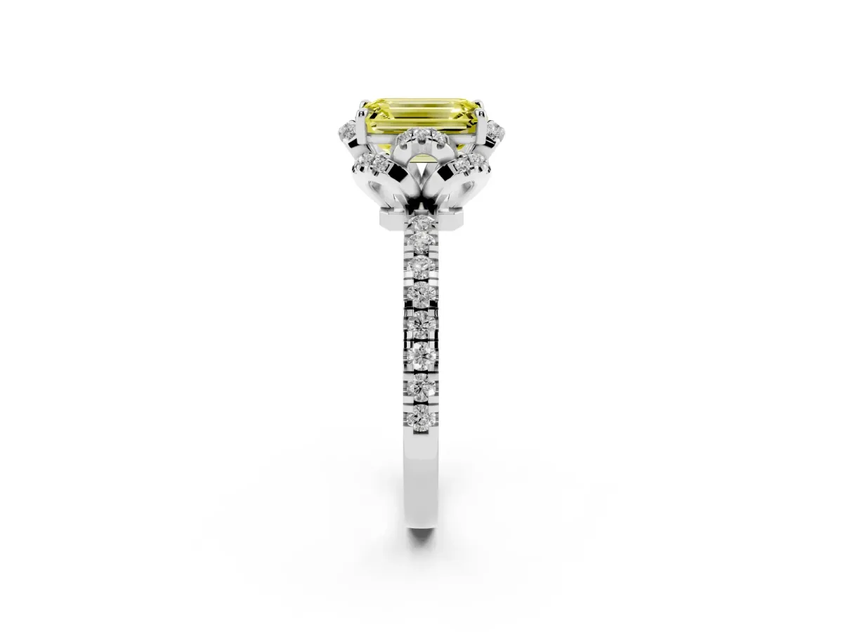 Fancy Yellow Emerald Cut Halo Diamond Pave Band Ring with Four-Prong Setting Silver