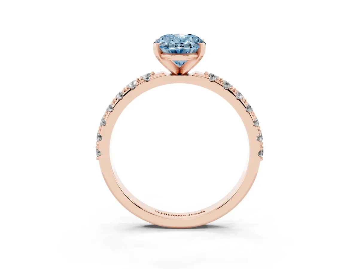 Fancy Blue Oval Cut Diamond Solitaire Pavé Band with Four-Prong Setting Rose gold